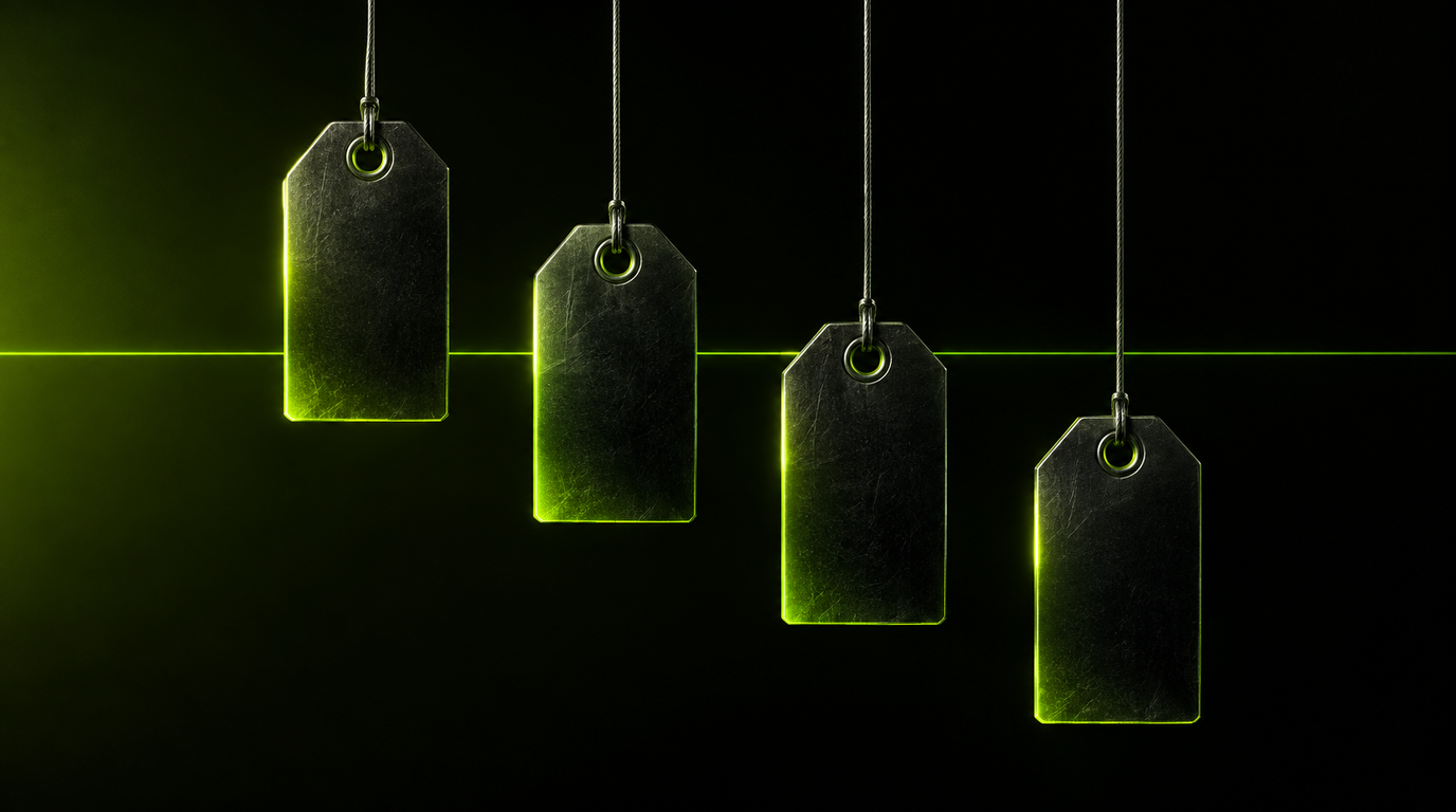 Four blank dark metal price tags hanging on wires against a black background, each one hanging lower than the last so they fall away from a bright lime horizontal reference line