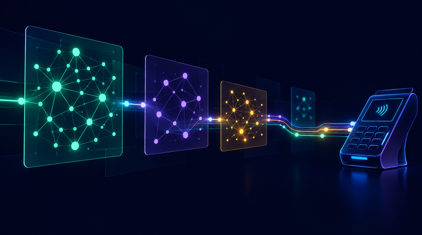 Several translucent blockchain network graphs of differing density floating in a dark space, each a different colour, linked by a glowing settlement rail running into a stylised checkout terminal
