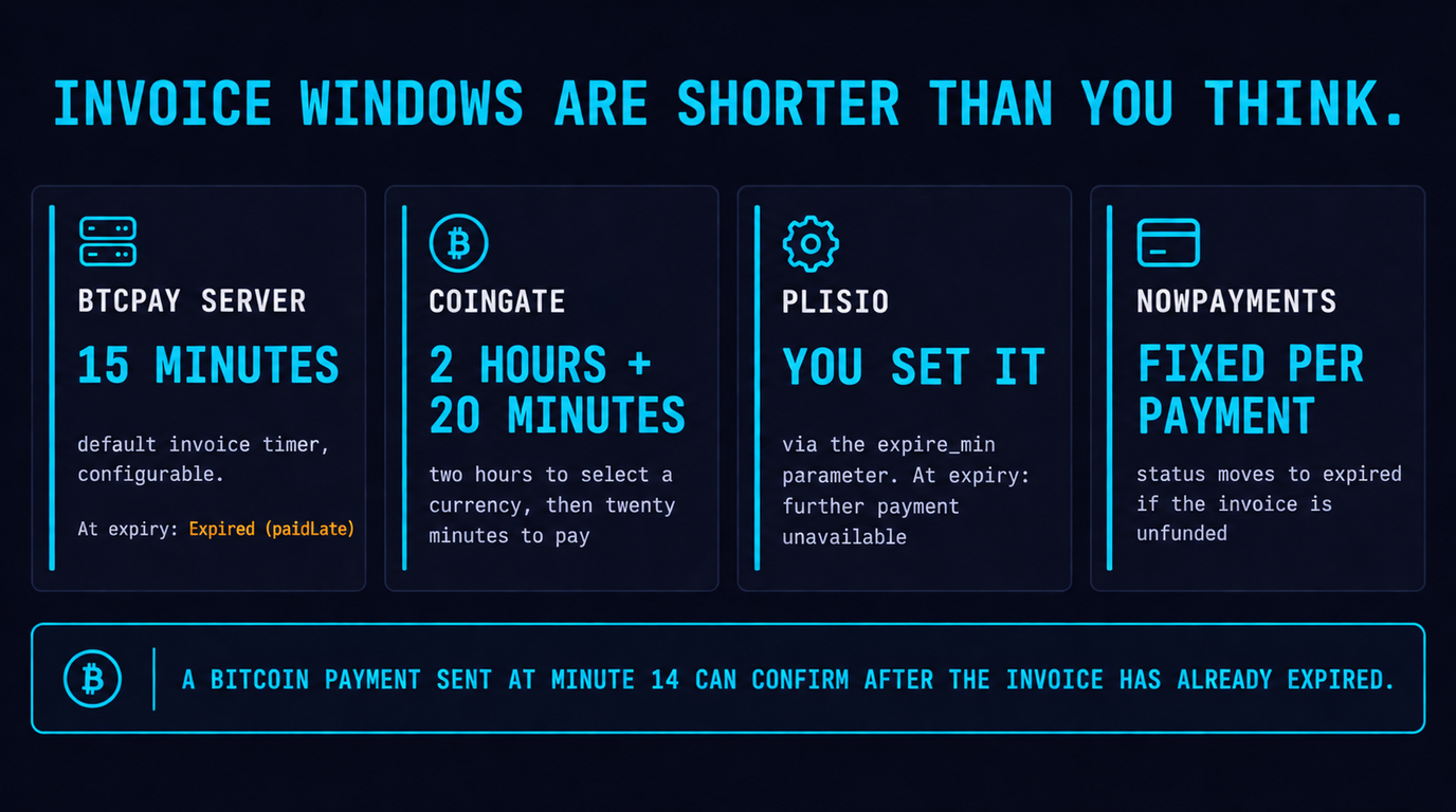 Documented invoice payment windows: BTCPay Server 15 minutes by default, CoinGate two hours to select a currency then twenty minutes to pay, Plisio set by the expire_min parameter, NOWPayments fixed per payment
