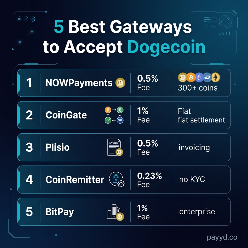 Top 5 gateways to accept Dogecoin payments ranked by fee