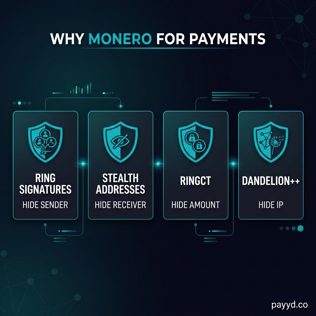 Monero privacy features: ring signatures, stealth addresses, RingCT, Dandelion++