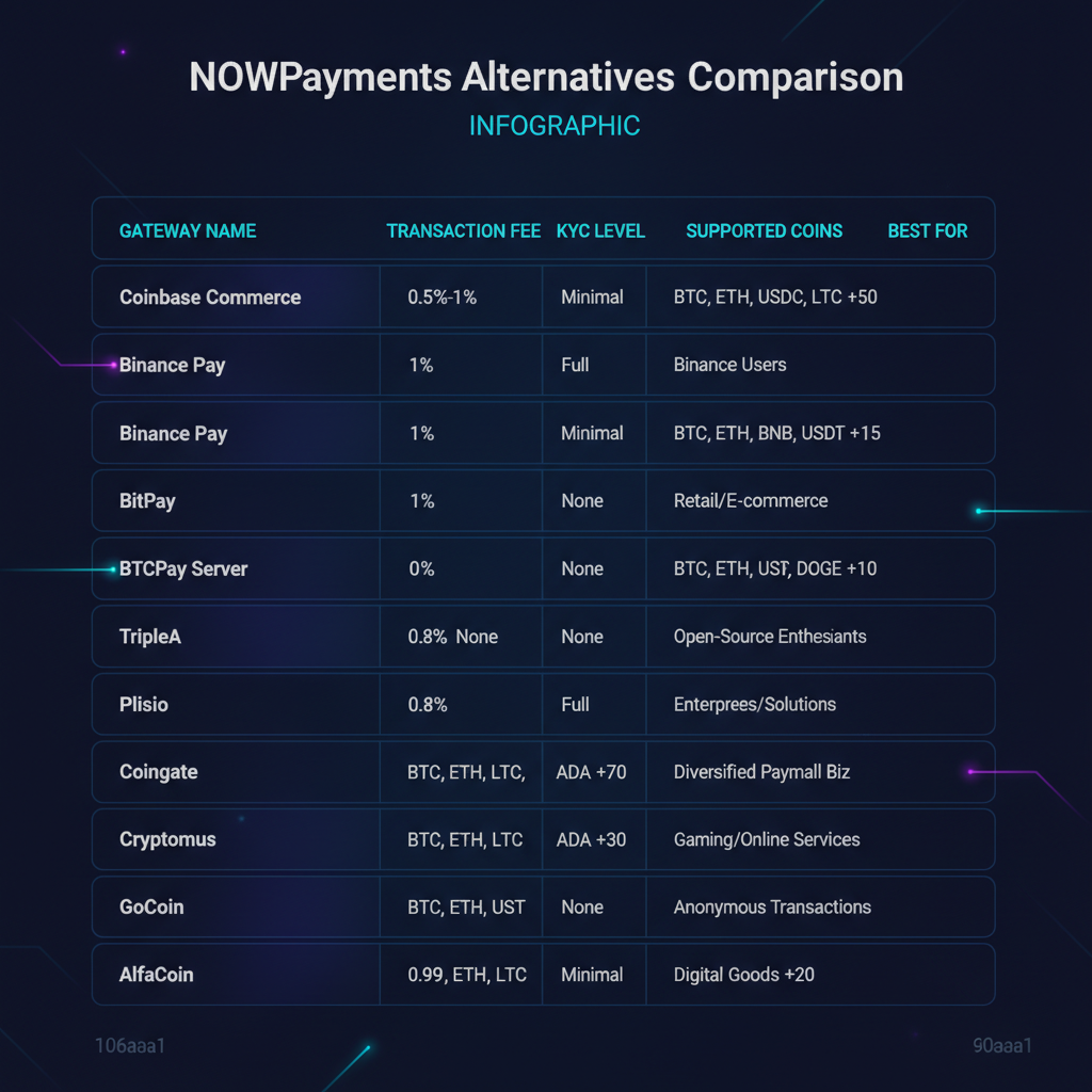Dashboard infographic comparing 10 NOWPayments alternatives by fee, KYC, coin support, and best use case