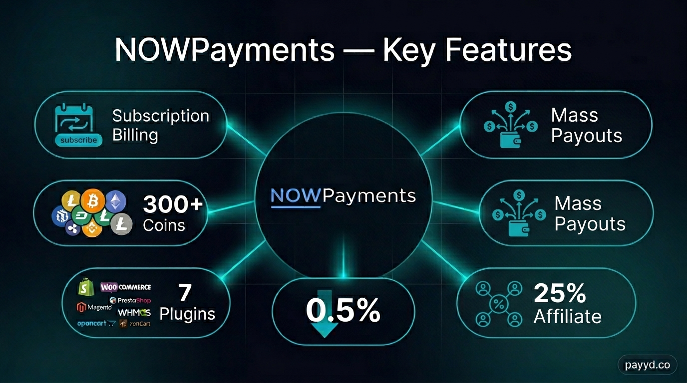 NOWPayments key features - 300+ coins, subscriptions, mass payouts
