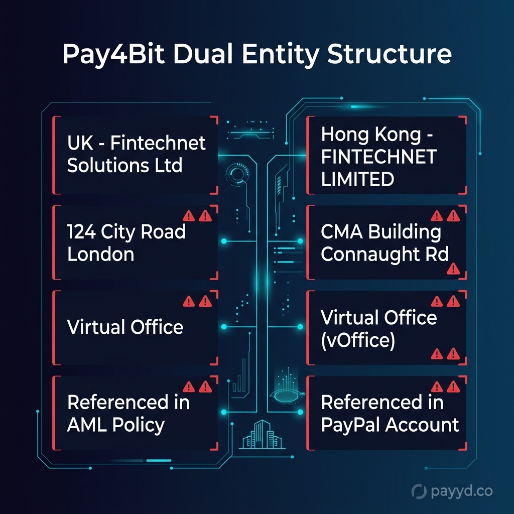 Pay4Bit dual entity structure: Fintechnet Solutions Ltd (UK) vs FINTECHNET LIMITED (Hong Kong) — both at virtual office addresses