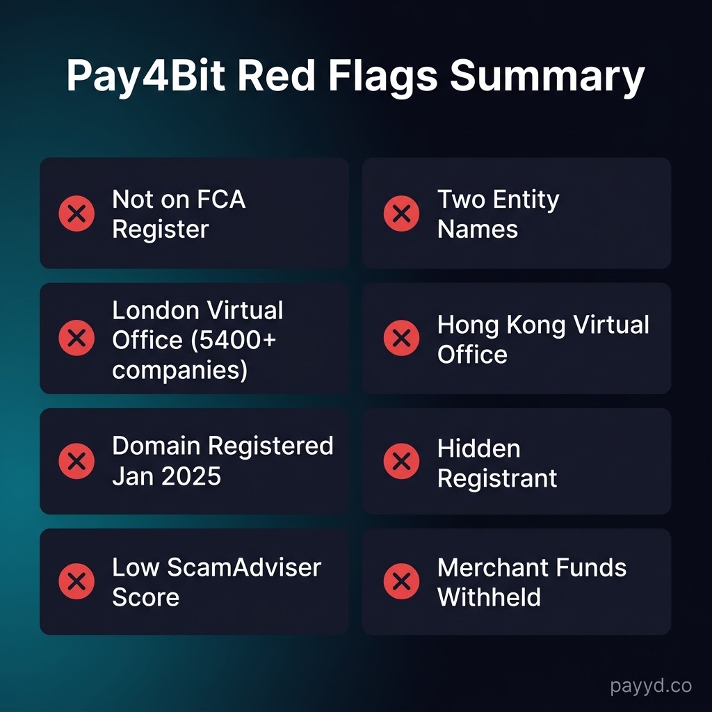 Pay4Bit red flags summary: Not on FCA Register, two entity names, virtual offices, hidden registrant, low trust score, merchant funds withheld
