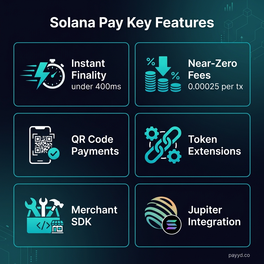 Solana Pay features: instant finality, near-zero fees, QR payments, token extensions, merchant SDK