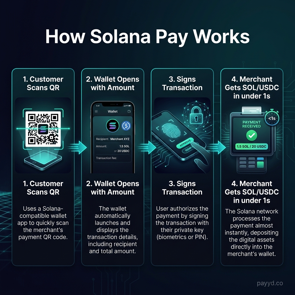 Solana Pay payment flow: scan QR, wallet opens, sign transaction, merchant gets paid in under 1 second