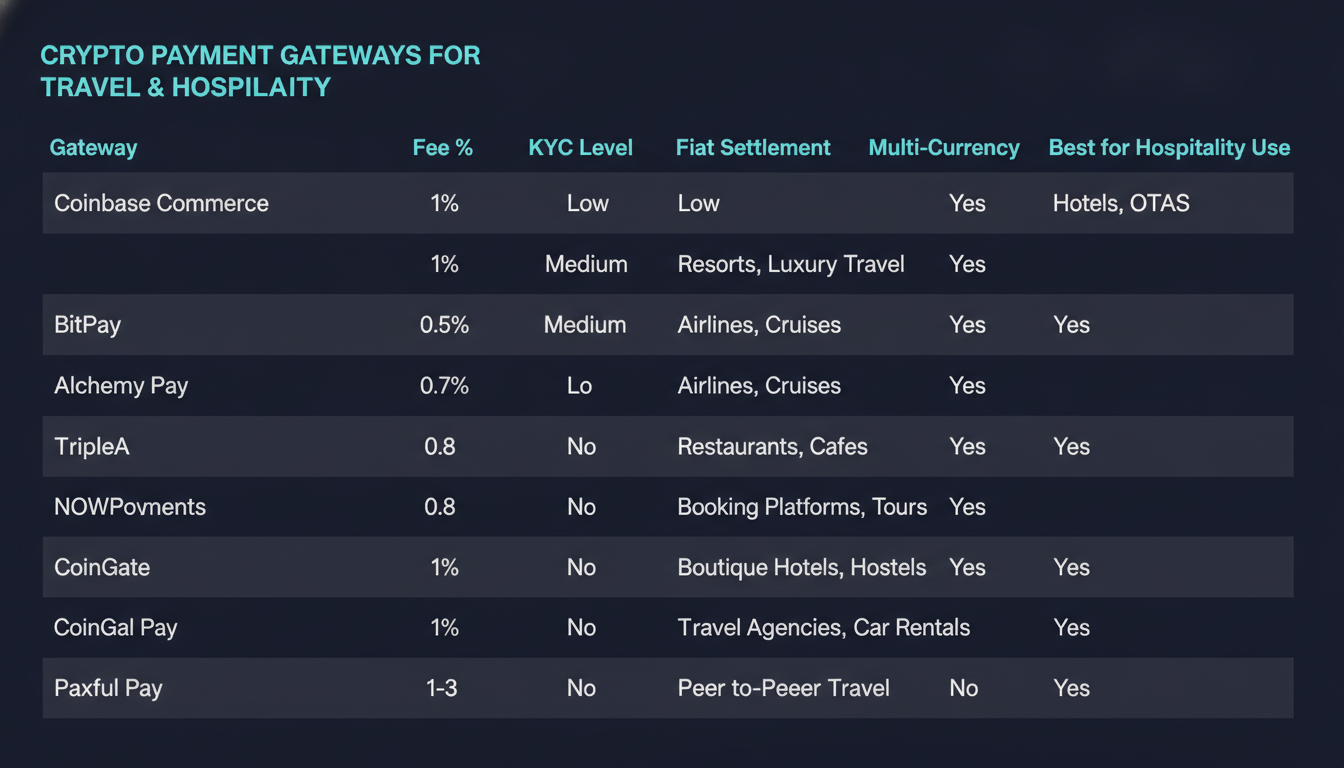 Crypto payment gateways for travel and hospitality compared in a feature matrix table