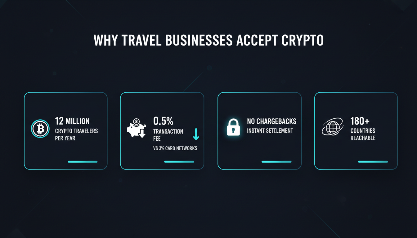 Why travel businesses accept crypto: 12M crypto travelers, 0.5% fee, no chargebacks, 180+ countries