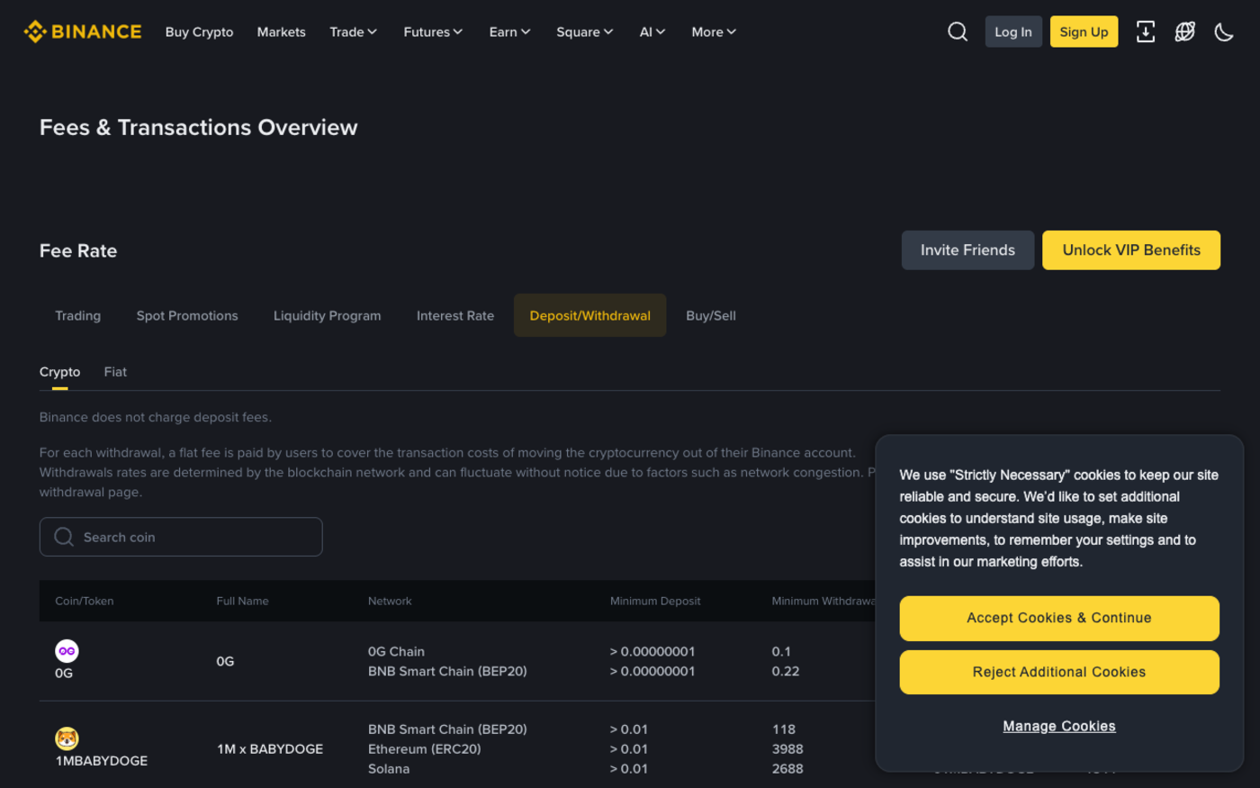 Screenshot of the Binance Fees and Transactions Overview page on the Deposit and Withdrawal tab, listing each coin's network with its minimum deposit and minimum withdrawal