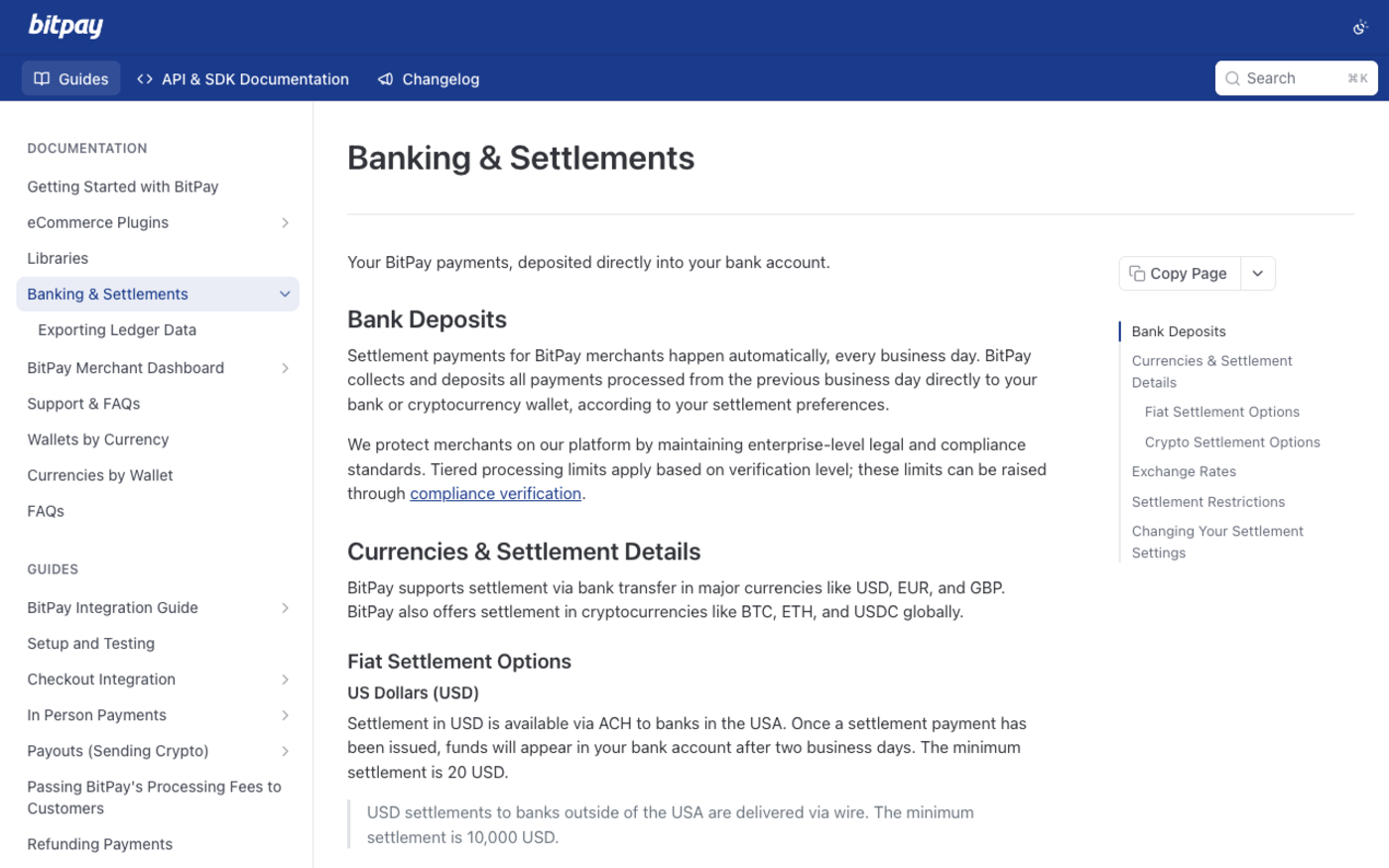 BitPay developer documentation page for Banking and Settlements, the source of the 20 USD ACH, 500 EUR SEPA and 10,000 USD wire settlement minimums