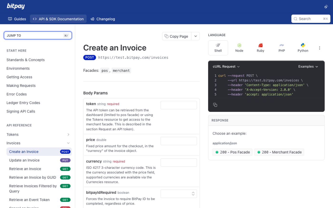 The BitPay Create an Invoice API reference on developer.bitpay.com listing the invoice body parameters including token, price, currency and the merchant-facing options that carry the transaction speed setting
