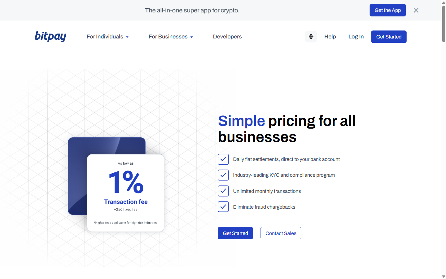BitPay pricing page showing 1% transaction fee