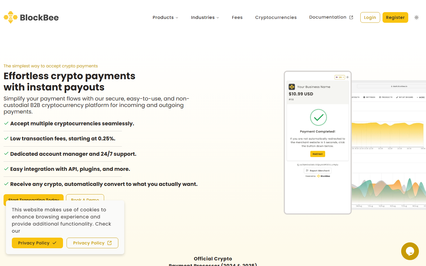 BlockBee homepage showing 0.25% fee crypto payment gateway