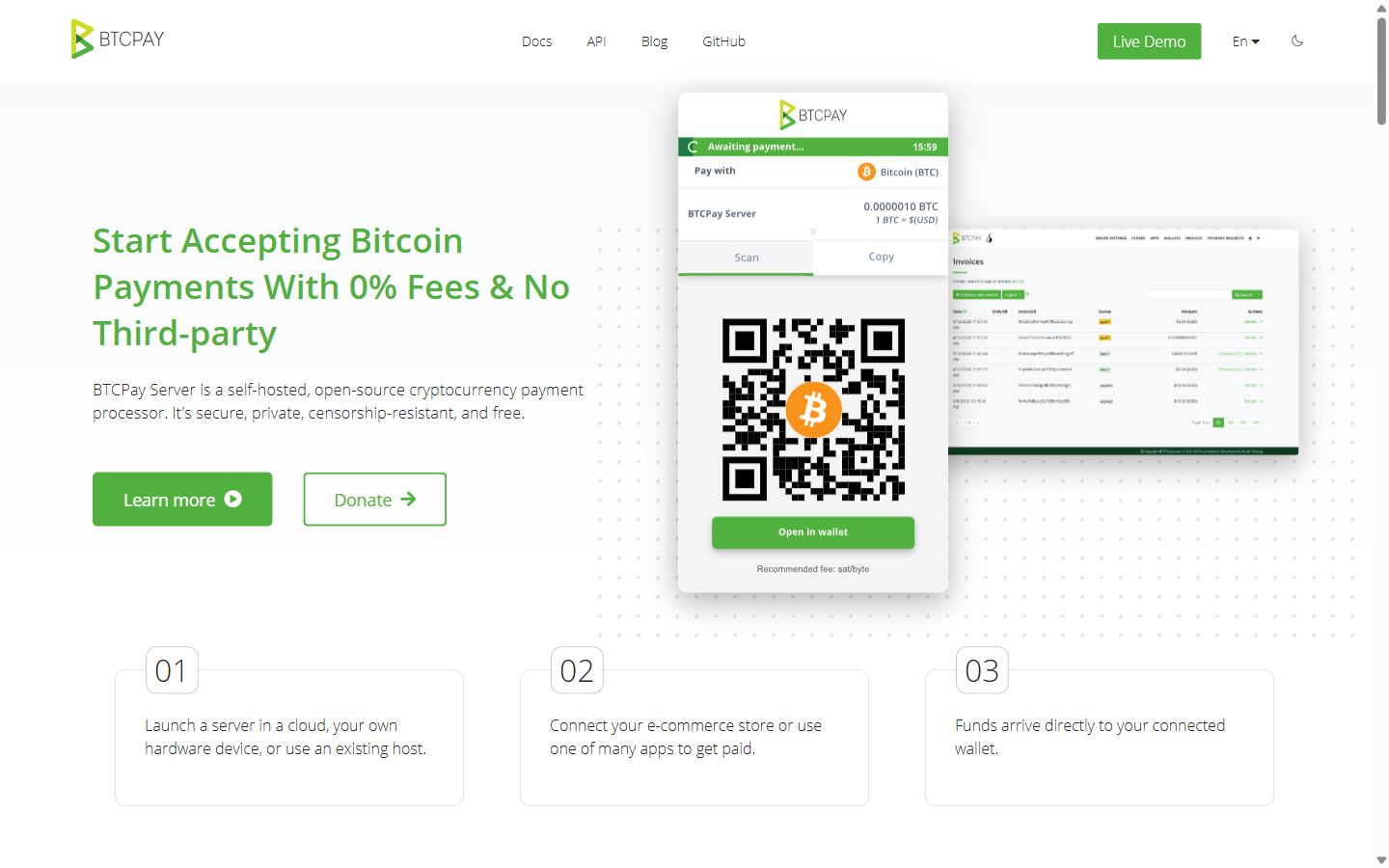 BTCPay Server homepage - free open source self-hosted payment processor