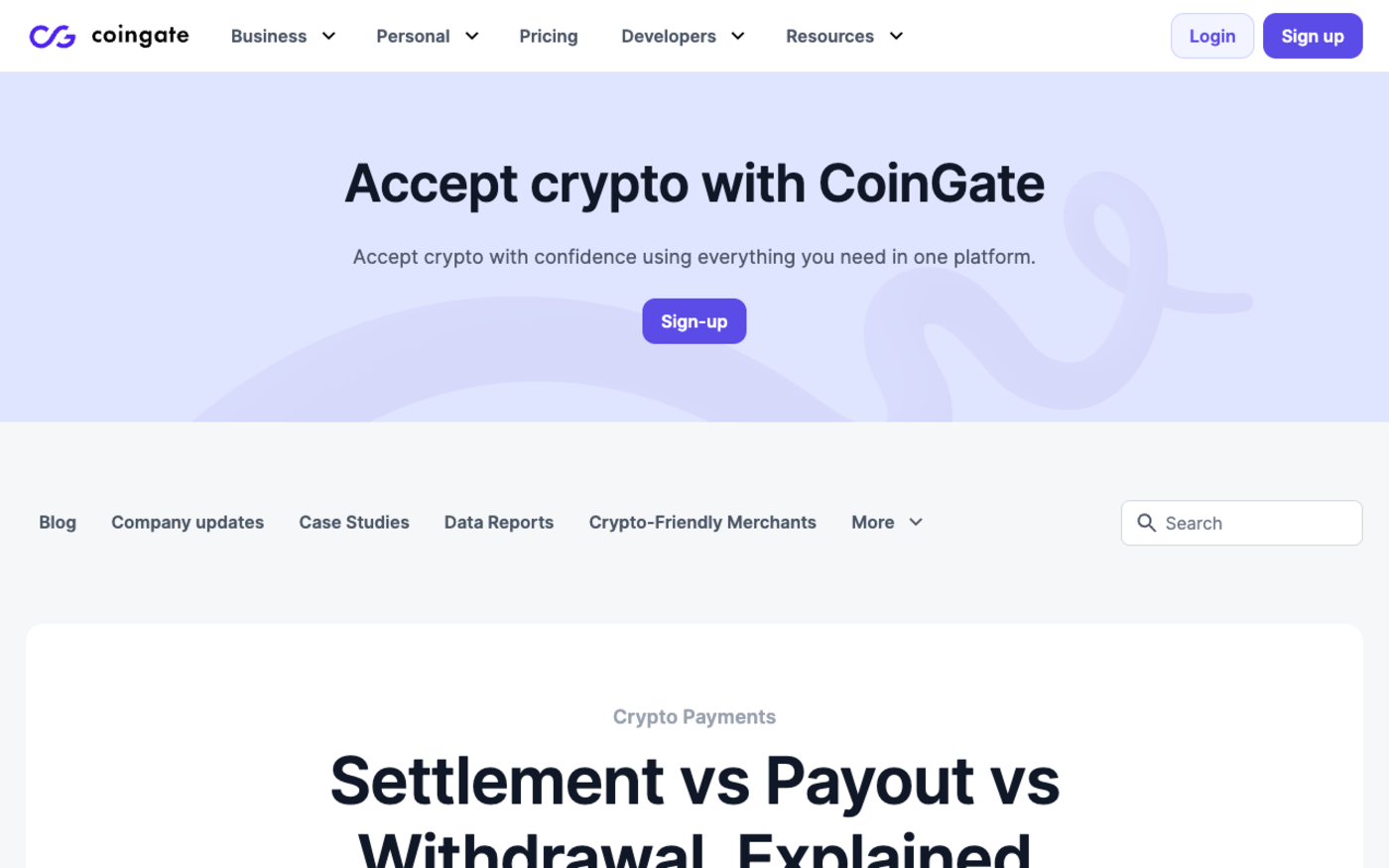 CoinGate blog post titled Settlement vs Payout vs Withdrawal, Explained, the source for the three-event distinction used in this guide