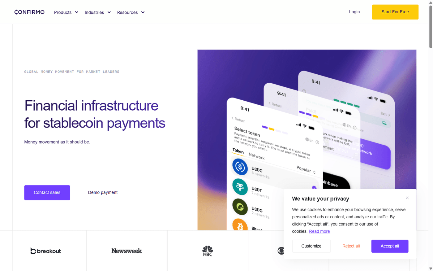 Confirmo homepage showing EU-based crypto payment gateway with fiat settlement
