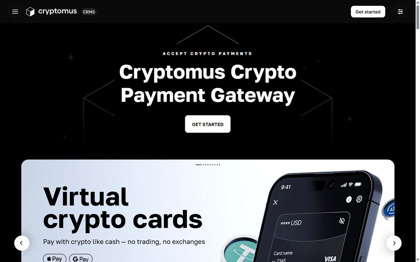 Cryptomus payment gateway interface showing checkout flow and supported coins