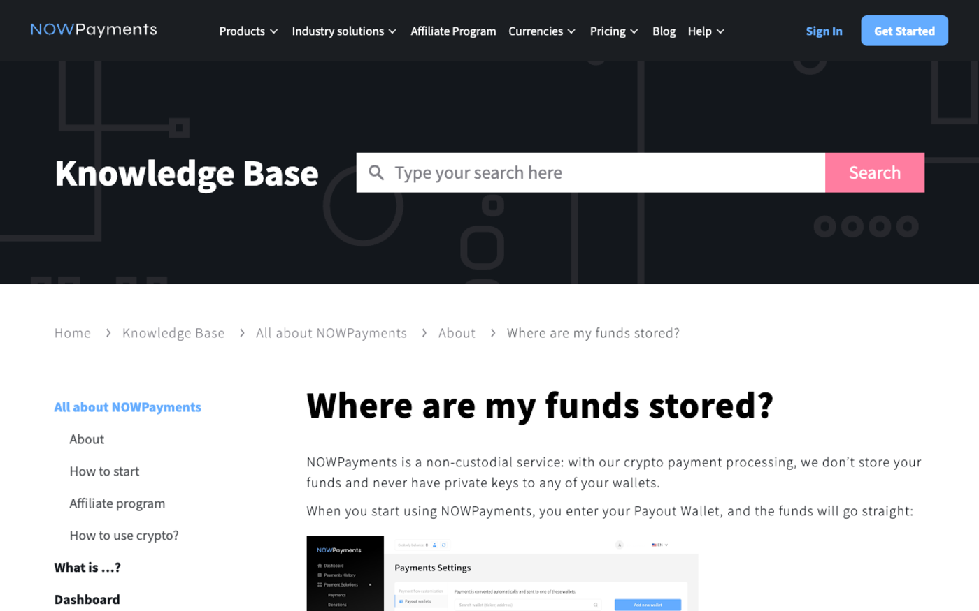 NOWPayments help centre page answering whether funds are secured, the documentation behind its non-custodial default where each confirmed payment is forwarded straight to the merchant wallet