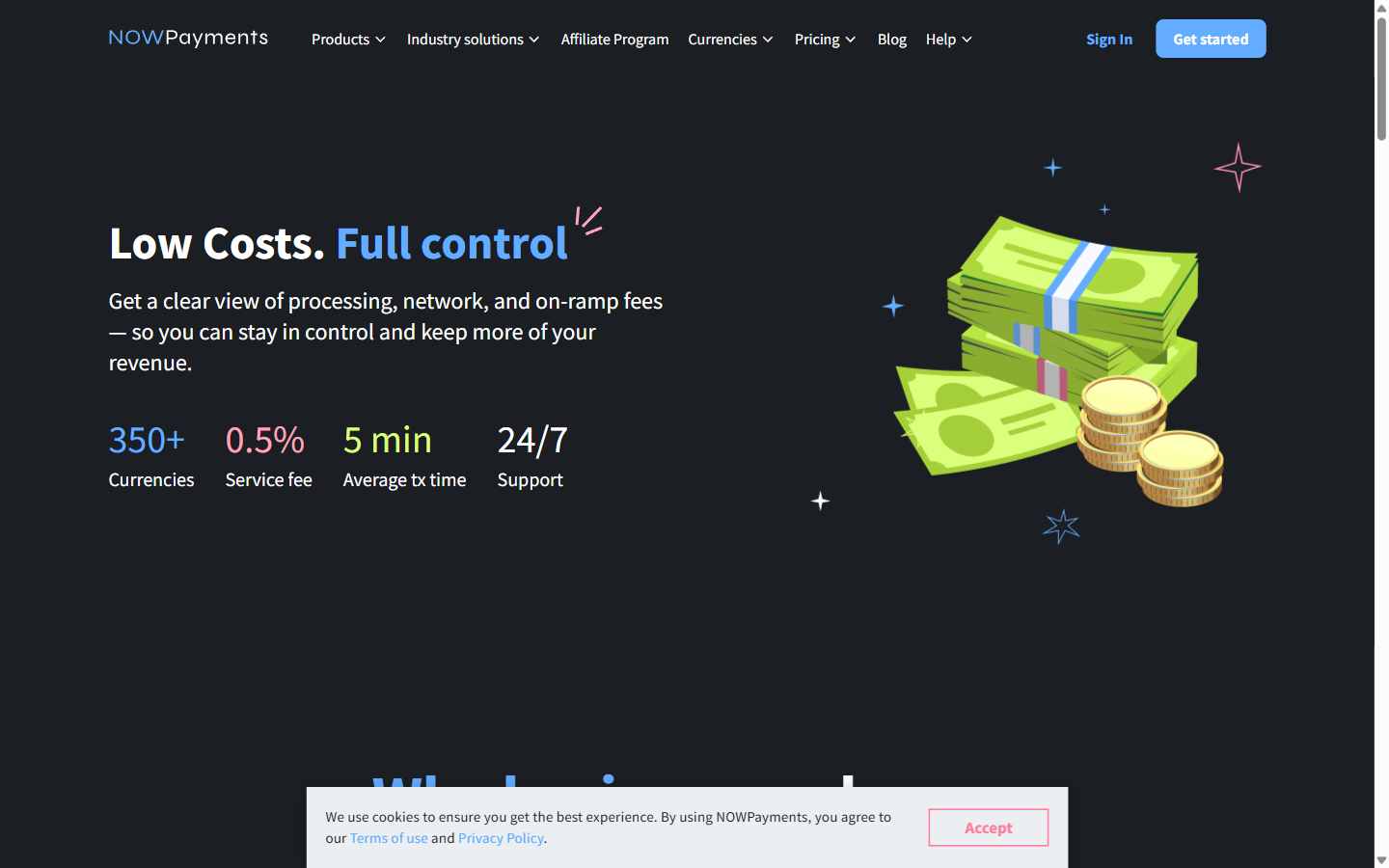 NOWPayments pricing page showing 0.5% transaction fee